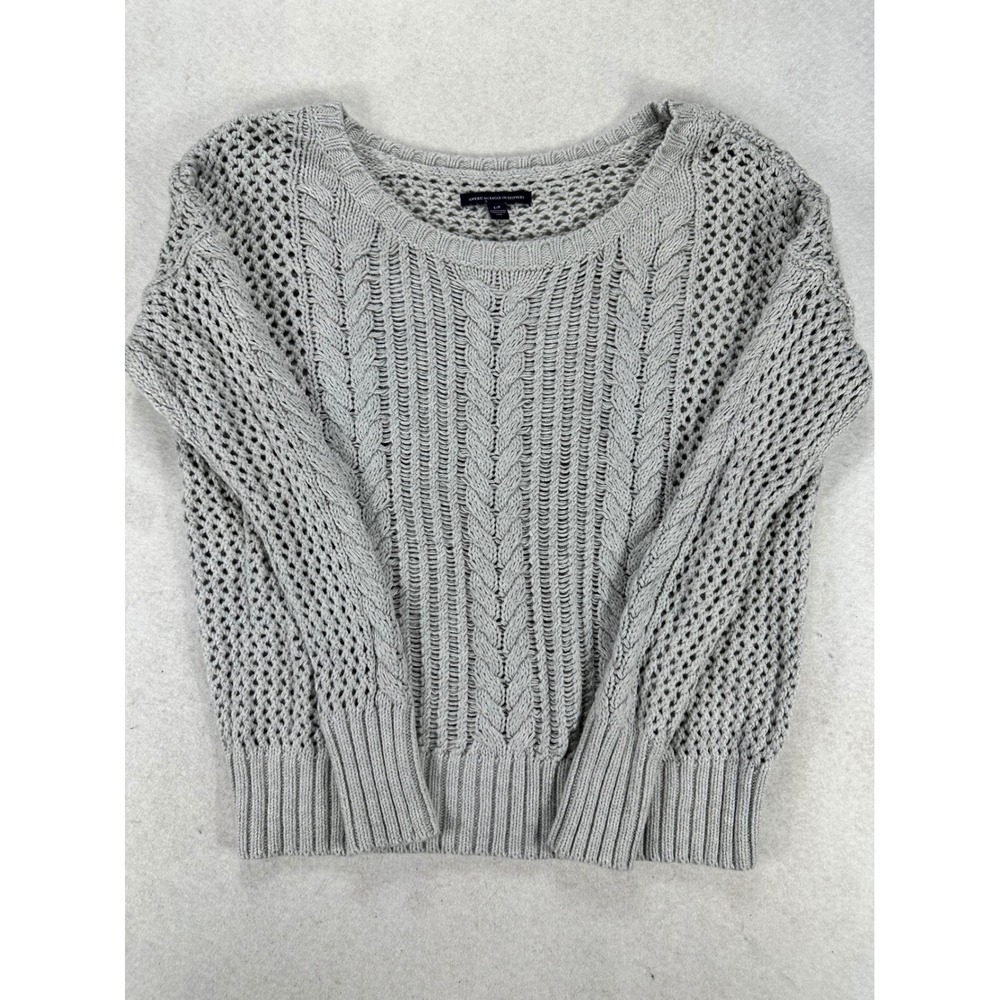American Eagle Gray Cable Knit Open Stitch Sweater Womens Small Wool Blend S/P